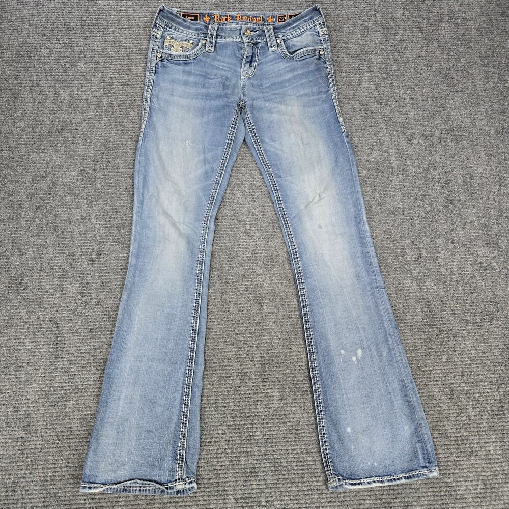 Rock Revival Lyon Easy Boot Jeans Womens 27x33 Blue Rhinestone Distressed